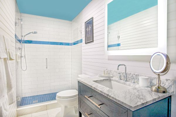 The image shows a modern bathroom with a shower, toilet, vanity with a marble countertop, mirror, and blue accents.