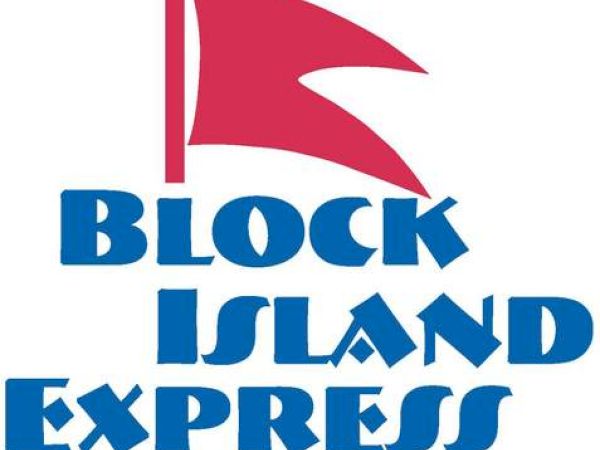 This image features a red flag icon above the text "BLOCK ISLAND EXPRESS" in blue font, possibly representing a ferry service.