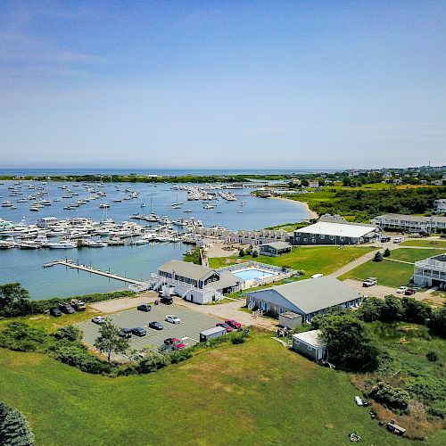 An aerial view of a coastal marina with docks and numerous boats, surrounded by green land, buildings, and a clear blue sky in the background.