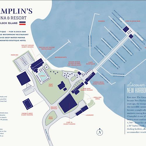 The image shows a map of Champlin's Marina & Resort on Block Island, detailing facilities such as boatslips, a pool, restaurant, and cafe boutique.