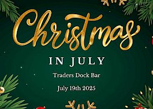 Christmas in July event at Traders Dock Bar on July 19th, 2025, with festive decorations.