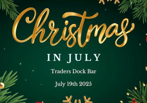 Christmas in July event at Traders Dock Bar on July 19th, 2025, with festive decorations.
