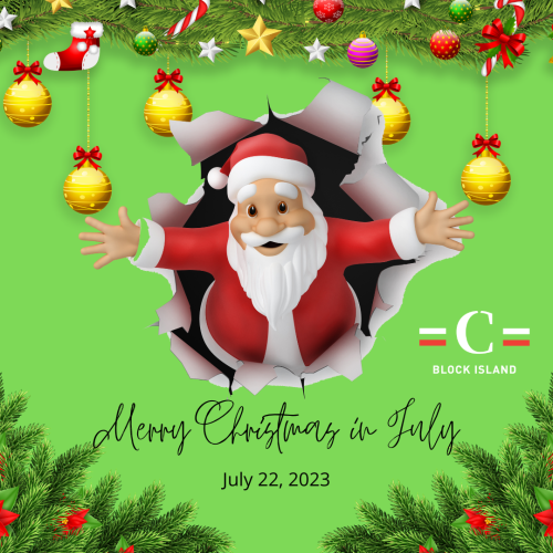 This image features a festive scene with Santa Claus breaking through a green background, decorated with ornaments, and text saying 