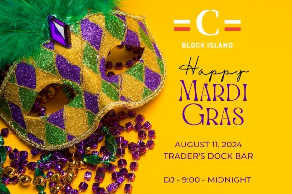 The image shows a Mardi Gras event poster featuring a decorated mask and colorful beads, advertising a party on Block Island on August 11, 2024.