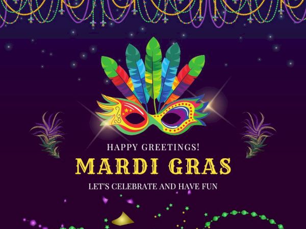 A festive Mardi Gras card with a colorful feathered mask, gold text &ldquo;Happy Greetings! Mardi Gras,&rdquo; and decorative purple background celebrating fun.