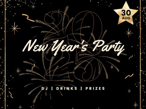 A New Year's party invitation with "2025", DJ, drinks, and prizes, set for August 30, featuring a starry black background and gold accents.
