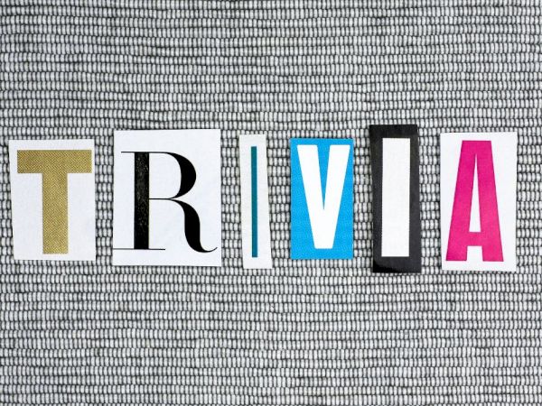 The image shows the word "TRIVIA" spelled out using cut-out letters from different sources, placed against a textured background.