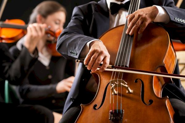 Two musicians are playing string instruments in formal attire during a performance; one playing a cello and the other a violin.