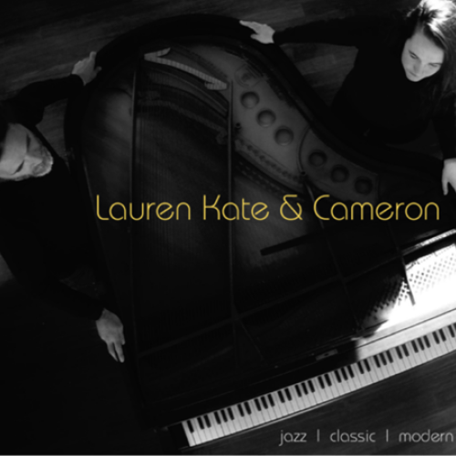 Two people are playing a grand piano, with text reading “Lauren Kate & Cameron” and “jazz | classic | modern,” hinting at a musical duo.