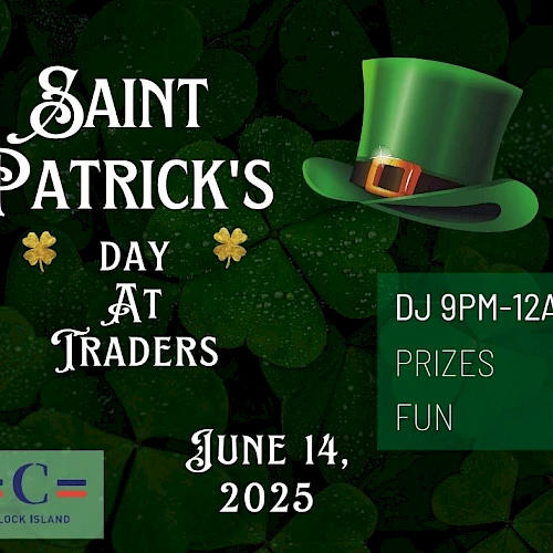 Saint Patrick's Day event at Traders on June 14, 2025, with a DJ from 9 PM-12 AM, prizes, and fun.