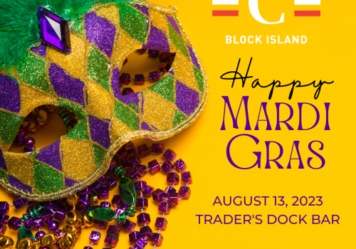 A Mardi Gras mask with feathers, beads, and event info: Trader's Dock Bar, August 13, 2023, DJ from 9:00 PM to midnight.