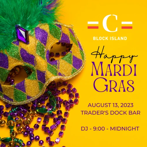 A Mardi Gras mask with feathers, beads, and event info: Trader's Dock Bar, August 13, 2023, DJ from 9:00 PM to midnight.