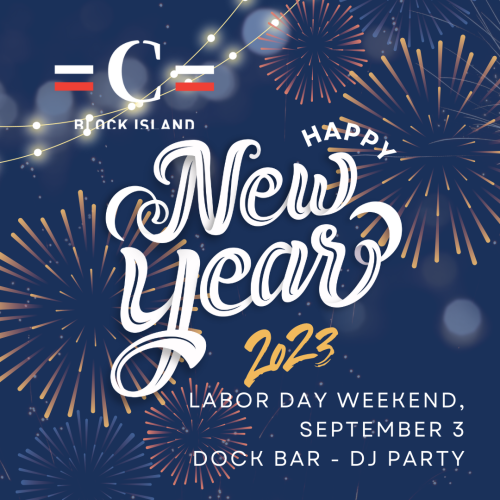 A poster for a New Year's 2023 event at Dock Bar, Labor Day weekend, September 3. Features fireworks, festive lights, and event details.