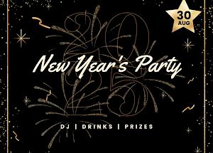 New Year's Party invitation with date "30 Aug," featuring DJ, drinks, and prizes on a festive black and gold background.