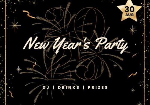 New Year's Party invitation with date "30 Aug," featuring DJ, drinks, and prizes on a festive black and gold background.