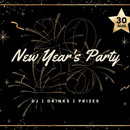 New Year's Party invitation with date "30 Aug," featuring DJ, drinks, and prizes on a festive black and gold background.
