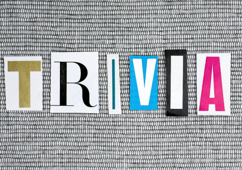 The image displays the word "TRIVIA" spelled out using letters cut from different magazines or newspapers, arranged against a textured background.