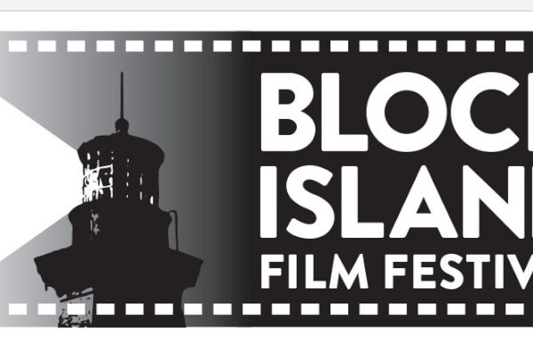 The image shows a logo for the Block Island Film Festival, featuring a lighthouse with a beam of light and a film strip pattern around the edges.