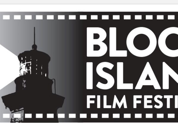 The image shows a logo for the Block Island Film Festival, featuring a lighthouse with a beam of light and a film strip pattern around the edges.