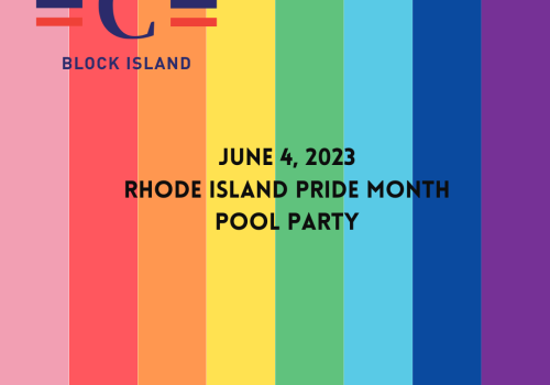 The image is an announcement for a Rhode Island Pride Month Pool Party on June 4, 2023, hosted at Block Island. The background has rainbow stripes.