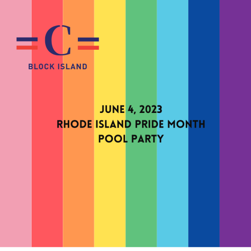 The image is an announcement for a Rhode Island Pride Month Pool Party on June 4, 2023, hosted at Block Island. The background has rainbow stripes.