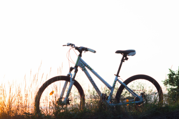 A bicycle is parked on a grassy patch with tall grass in the background, illuminated by a bright sunset.