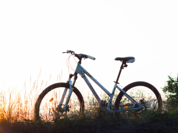 A bicycle is parked on a grassy patch with tall grass in the background, illuminated by a bright sunset.