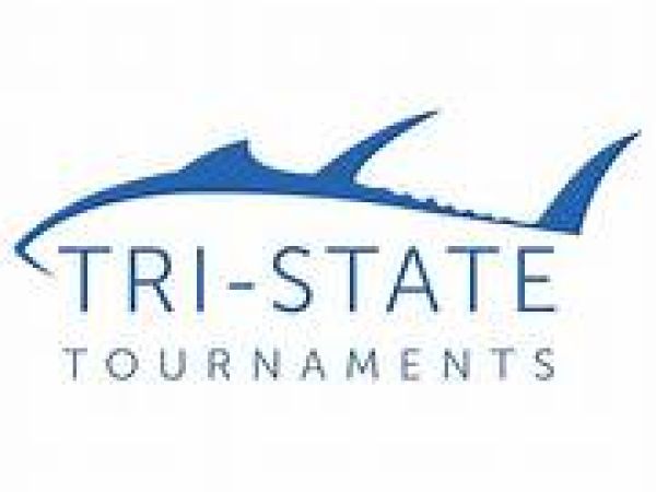 The image shows a logo featuring a blue shark silhouette and the text "TRI-STATE TOURNAMENTS" underneath it in blue font.