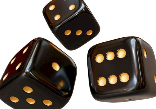 The image shows three black dice with gold dots on each face, captured mid-air against a plain white backdrop, highlighting their shiny surface.