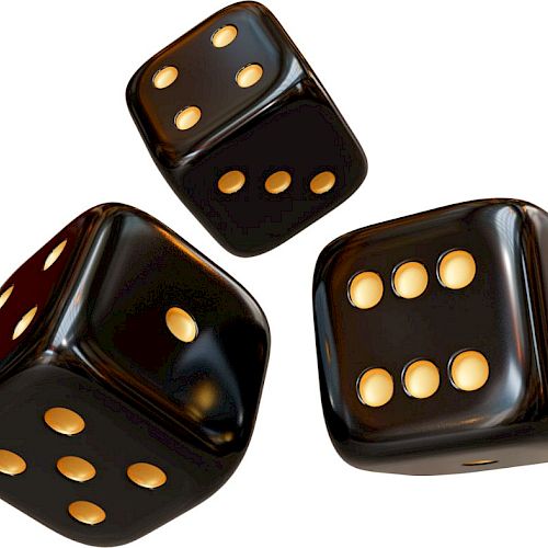 The image shows three black dice with gold dots on each face, captured mid-air against a plain white backdrop, highlighting their shiny surface.