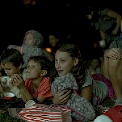 A group of children is lying on the grass at night, engrossed in watching something, with red and white striped bags beside them.