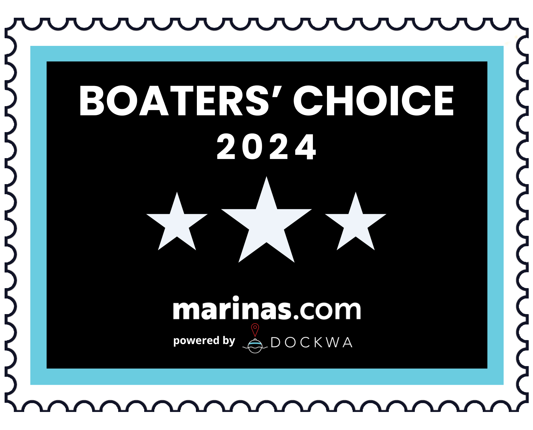 This image shows a "Boaters’ Choice 2024" badge with three stars and mentions marinas.com, powered by Dockwa.