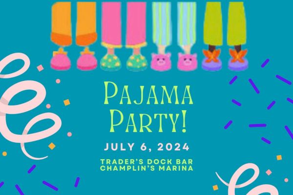 The image is an invitation for a Pajama Party on July 6, 2024, at Trader's Dock Bar, Champlin's Marina, featuring colorful pajama illustrations.