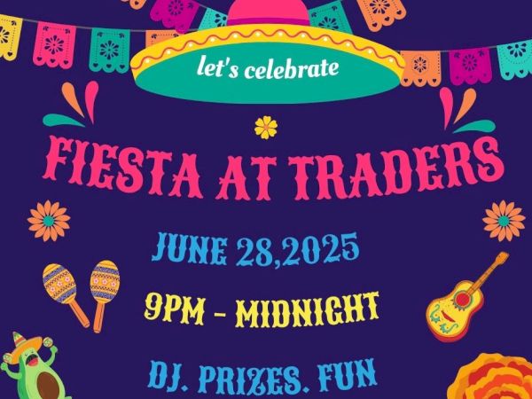 Colorful fiesta invitation for "Fiesta at Traders" on June 28, 2025, from 9 PM to midnight with DJ, prizes, and fun.
