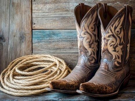 Cowboy boots beside a coiled rope on a wooden wall, vintage western vibe.