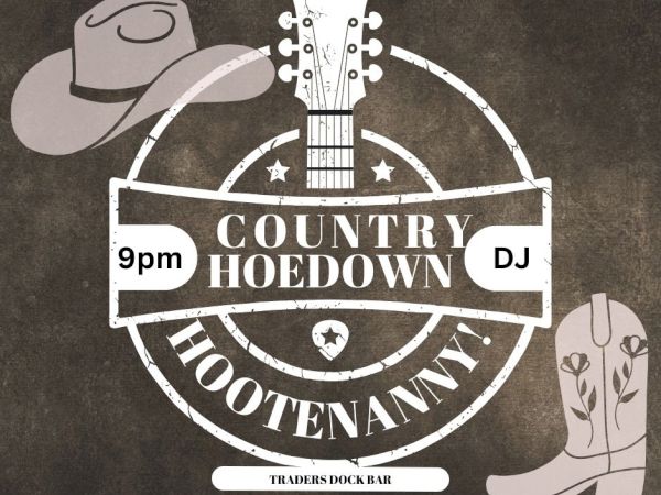 Country hoedown poster vibes: guitar, cowboy hat, boots, hourglass fonts, DJ at 9pm, lined with stars and rustic Western charm.