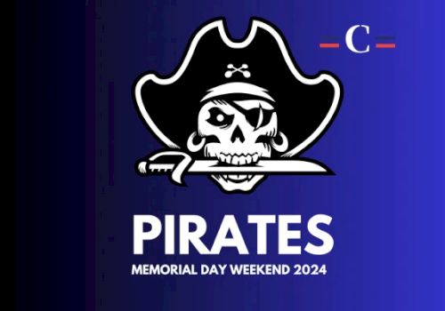 An image of a pirate skull with an eyepatch and dagger, featuring "PIRATES" text and "Memorial Day Weekend 2024" below, set against a blue gradient.
