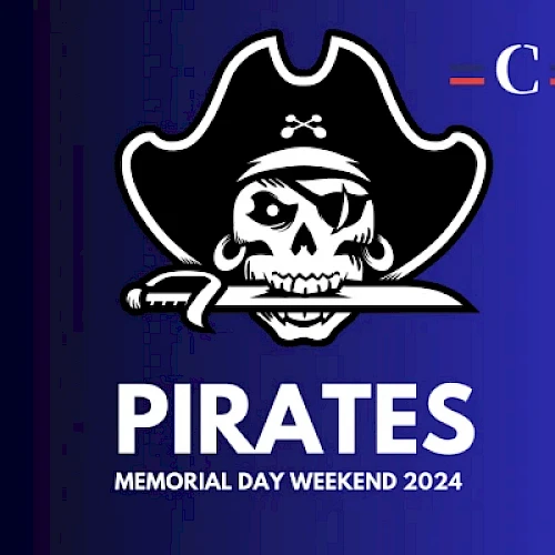 An image of a pirate skull with an eyepatch and dagger, featuring "PIRATES" text and "Memorial Day Weekend 2024" below, set against a blue gradient.
