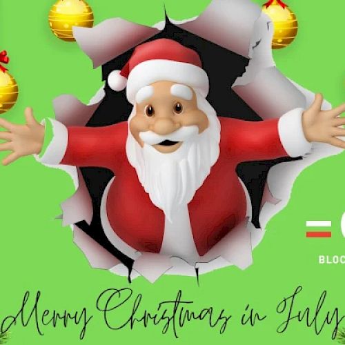 A Santa Claus cartoon breaks through a background with Christmas ornaments, a logo, and the text "Merry Christmas in July."