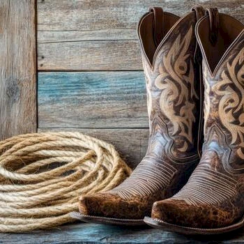 A pair of cowboy boots sits beside a coiled rope on a rustic wooden floor, indoors on weathered planks.