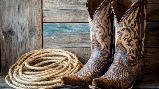 A pair of cowboy boots sits beside a coiled rope on a rustic wooden floor, indoors on weathered planks.
