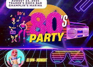 1980s-themed party flyer with neon elements, featuring date, location, retro graphics, and DJ details.