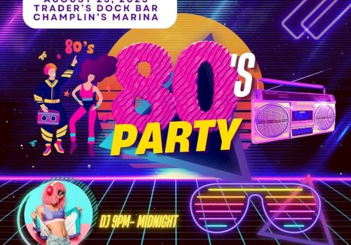1980s-themed party flyer with neon elements, featuring date, location, retro graphics, and DJ details.