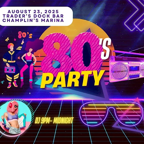 1980s-themed party flyer with neon elements, featuring date, location, retro graphics, and DJ details.
