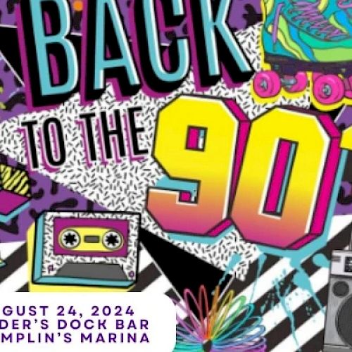 Colorful "Back to the 90's" theme with retro icons like cassette tapes, roller skates, and boombox. Event date: August 24, 2024.