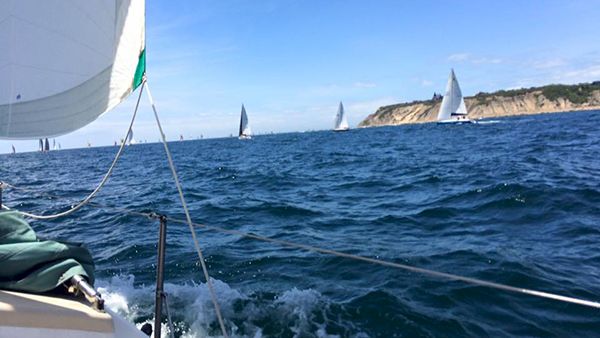 Sailing on a sunny day with several white sailboats on blue water, a rocky coastline in the distance, and a boat bow visible at the left.