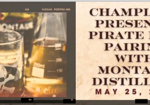 The image features a glass with a skull design, a bottle of rum, and text promoting a "Pirate Rum Pairing" event on May 25, 2024.