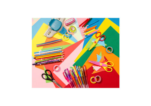 The image shows various school supplies including colored pencils, markers, scissors, tape, and paper arranged in a colorful pattern.