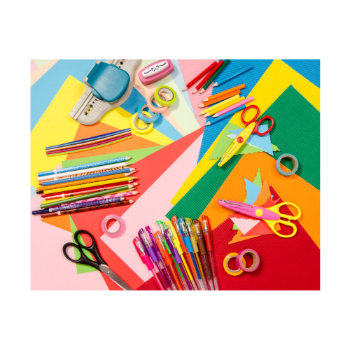 The image shows various school supplies including colored pencils, markers, scissors, tape, and paper arranged in a colorful pattern.