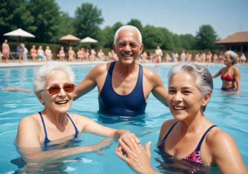 Three elderly friends are smiling and enjoying themselves while standing in an outdoor swimming pool on a sunny day.